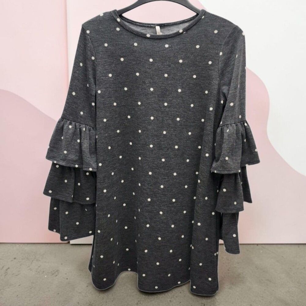 My Story Mini Dress Tunic Womens Medium Gray Polka Dot Ruffle Sleeves Whimsical